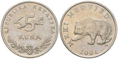 Хорватия 5 кун 2001 бурый медведь, легенда на хорватском KM 11 медь цинк никель aUNC 4385-514