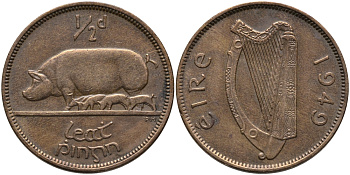 Ирландия 1/2 пенни 1949 свинья с поросятами KM 10 бронза 89-1156