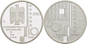 ФРГ 10 евро 2004 A, Баухауз в Дессау, геометрия KM 230, DE.S 10.13 серебро PROOF 413-6314