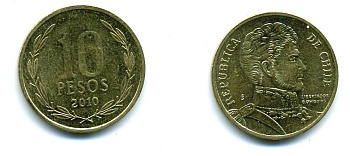 ЧИЛИ 10 ПЕСО 2010 ГЕНЕРАЛ БЕРНАРДО О ХИГГИНС KM 228.2 никель-бронза 37-944