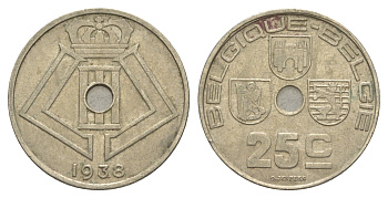 Бельгия 25 сантимов 1938 Belgique - Belgie, Леопольд III (1934-1947) KM 114 никель латунь 4619-833