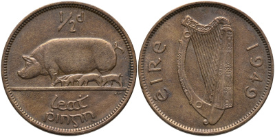 Ирландия 1/2 пенни 1949 свинья с поросятами KM 10 бронза 89-1156