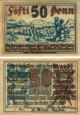 ШТОРМАРН 50 ПФЕННИГОВ 1920 НОТГЕЛЬД, 24 ИЮНЯ 1920, ЗЕМЛЯ ШЛЕЗВИГ-ГОЛЬШТЕЙН Grabowski S115.1 бумага 8608-14-3-1