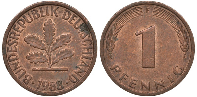 ФРГ 1 пфенниг 1988 F KM 105 сталь плакированная медью 4124-567