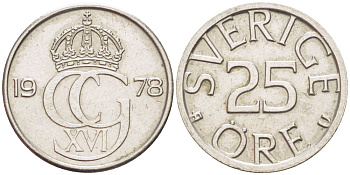 Швеция 25 эре 1978 U, Карл XVI Густав (1973- ) KM 851 медно-никель 4181-1248