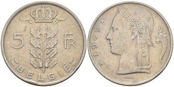 БЕЛЬГИЯ 5 ФРАНКОВ 1949 BELGIE KM 135.1 медно-никель 213-413