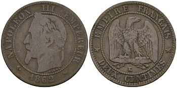 Франция 2 сантима 1862 K - Бордо, Наполеон III (1852 - 1870) KM 796 бронза 4124-168