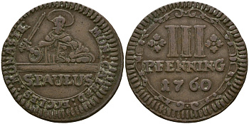 Мюнстер 3 пфеннига 1760 KM 430 медь 272-242