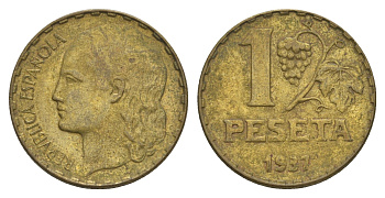 Испания 1 песета 1937 KM 755 латунь 4646-1025