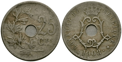 Бельгия 25 сантимов 1908 Belgique KM 62 медно-никель 4168-1144