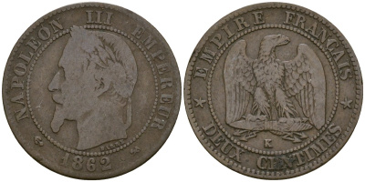 Франция 2 сантима 1862 K - Бордо, Наполеон III (1852 - 1870) KM 796 бронза 4124-168