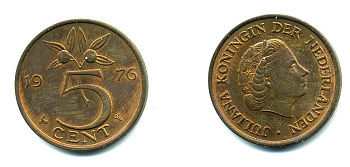 Нидерланды 5 центов 1976 Юлиана (1949-1980) KM 181 бронза 76-447