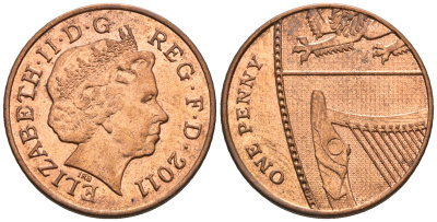 Великобритания 1 пенни 2011 Елизавета II (1952-2022) KM 1107, Spink B6 сталь плакированная медью 177-733