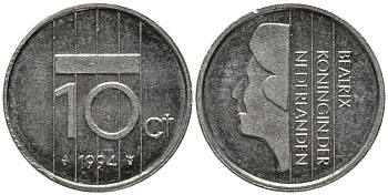 НИДЕРЛАНДЫ 10 ЦЕНТОВ 1994 БЕАТРИКС KM 203 никель 112-744