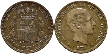 ИСПАНИЯ 5 СЕНТИМО 1877 OM, АЛЬФОНСО XII KM 674 бронза 4391-132