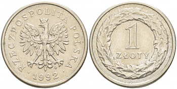 ПОЛЬША 1 ЗЛОТЫЙ 1992 MW KM 282 медно-никель UNC 4539-817