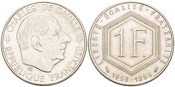 ФРАНЦИЯ 1 ФРАНК 1988 ШАРЛЬ ДЕ ГОЛЬ, 30 ЛЕТ РЕСПУБЛИКЕ KM 943, LE FRANC 227.2 никель 217-244