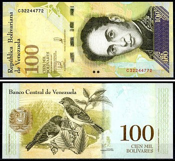 Венесуэла 100000 боливаров 2017 13 декабря 2017, Симон Боливар, огненный чиж Pick 100 b бумага UNC (пресс) 402-71-3-1