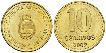 Аргентина 10 сентаво 2009 KM 107a, CJ 3, Schon 110a сталь плакированная латунью 4609-1258