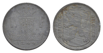 Бельгия 1 франк 1944 Belgique - Belgie, Леопольд III (1934-1947), германская оккупация, Вторая мировая война KM 128 цинк 4636-229