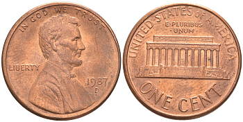 США 1 цент 1987 D, Линкольн KM 201b цинк плакированный медью UNC 187-715