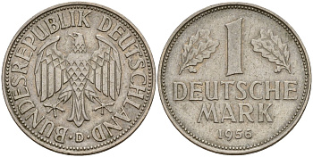 ФРГ 1 марка 1956 D KM 110, J. 385 медно-никель 4159-1032