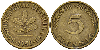 ФРГ 5 пфеннигов 1950 G J.382, KM 107 сталь плакированная латунью    4598-813