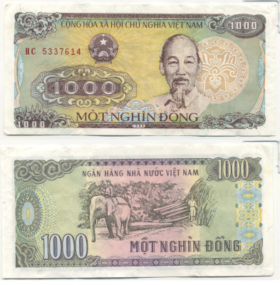 Вьетнам 1000 донгов 1988 Хо Ши Мин, большая серия Pick 106b бумага 7204-24-3