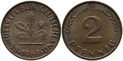 ФРГ 2 ПФЕННИГА 1969 F KM 106а, J.381а сталь плакированная сталь плакированная медьюю 33-232