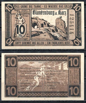 Бланкенбург-ам-Гарц (Брауншвейг) 10 пфеннигов 1920 Mehl Grabowski 114.1-3/5 бумага UNC (пресс) 7556-57-3-1
