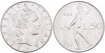 ИТАЛИЯ 50 ЛИР 1963 R КУЗНЕЦ KM 95.1 сталь 3718-425