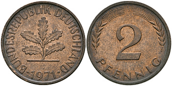 ФРГ 2 ПФЕННИГА 1971 J KM 106a, J.381a сталь плакированная сталь плакированная медьюю 4396-852
