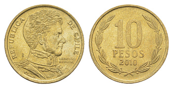 Чили 10 песо 2010 KM 228 никель латунь UNC 4649-557