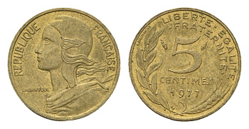 Франция 5 сантимов 1977 KM 933 алюминиевая бронза 4674-556