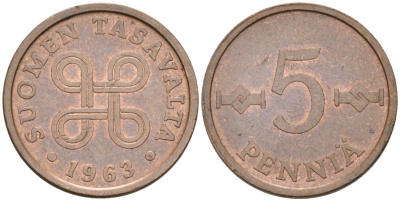 ФИНЛЯНДИЯ 5 ПЕННИ 1963 KM 45 медь 192-1268