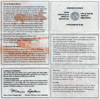 Канада 20 долларов 1991 самолет Де Хэвиленд Бивер, авиатор Филип Кларк Гаррат, в оригинальной коробке с сертификатом, KM 197 серебро, позолота PROOF 7-5-4-16