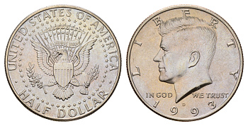 США 1/2 доллара (50 центов) 1993 D, Джон Кеннеди KM A202b медь плакированная медно-никелем UNC 4672-712