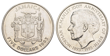 Ямайка 5 долларов 1993 100 лет со дня рождения Нормана Вашингтона Мэнли KM 157 сталь плакированная никелем UNC 4368-825