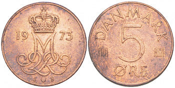 Дания 5 эре 1973 S; B, Маргрете II (1972- ) KM 859.1 железо плакированное медью 3996-1046