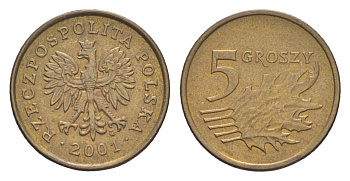 Польша 5 грошей 2001 Y 278 марганец латунь 4625-344