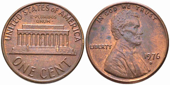 США 1 ЦЕНТ 1976 D, ЛИНКОЛЬН KM 201 медь цинк 112-417