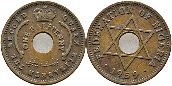 Нигерия 1/2 пенни 1959 Елизавета II (1952-), Британский протекторат KM 1 бронза 4387-345