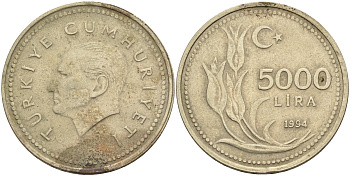 Турция 5000 лир 1994  KM 1025 никель-бронза    4117-225