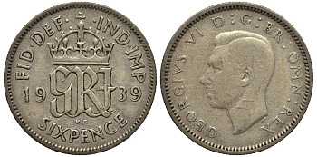 Великобритания 6 пенсов 1939 Георг VI (1936-1952) KM 852, Spink 4084 серебро 4538-431