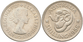 Австралия 1 шиллинг 1956 M, Елизавета II (1952-2022), овца меринос KM 59 серебро 4622-153