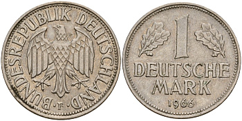 ФРГ 1 марка 1966 F KM 110, J. 385 медно-никель 4159-1055