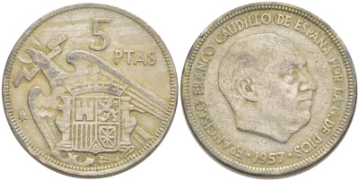 ИСПАНИЯ 5 ПЕСЕТ 1957 (65) ФРАНСИСКО ФРАНКО ДИКТАТОР ИСПАНИИ ( 1939- 1975) KM 786 медно-никель 216-637