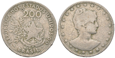 Бразилия 200 реалов 1901 MCMI, голова свободы вправо KM 504 медно-никель 4612-157