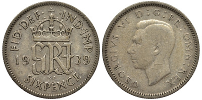 Великобритания 6 пенсов 1939 Георг VI (1936-1952) KM 852, Spink 4084 серебро 4538-431