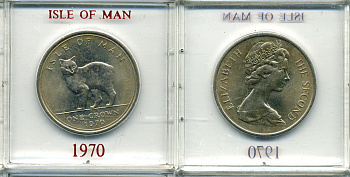 Остров Мэн 1 крона 1970 кошка Мэна, в оригинальной пластиковой коробке KM 18 медно-никель UNC 6-6-1-42